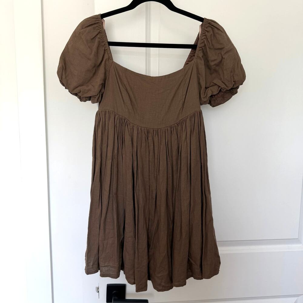 Mable (S) Linen Puff Sleeve Babydoll Mini Dress Brown Cottagecore - Picture 2 of 9